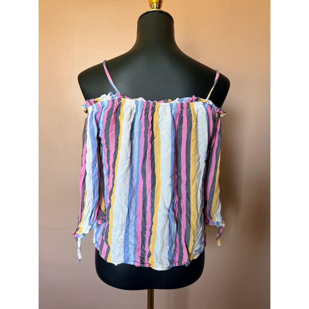 a.n.a Women Small Multicolor Stripe Cold Shoulder Tie Strap 3/4‎ Sleeve Boho Top